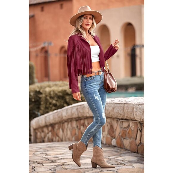 Prettygarden Women's Wine Red Fringe Motorcycle Cropped Faux Leather Jackets - Picture 9 of 9